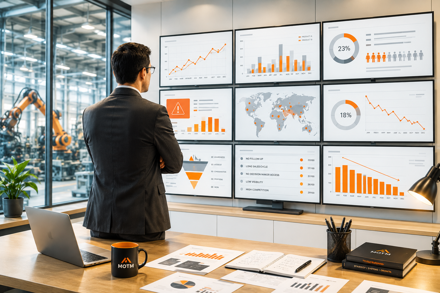 Man in suit analyzing business charts and graphs displayed on multiple screens in an office.