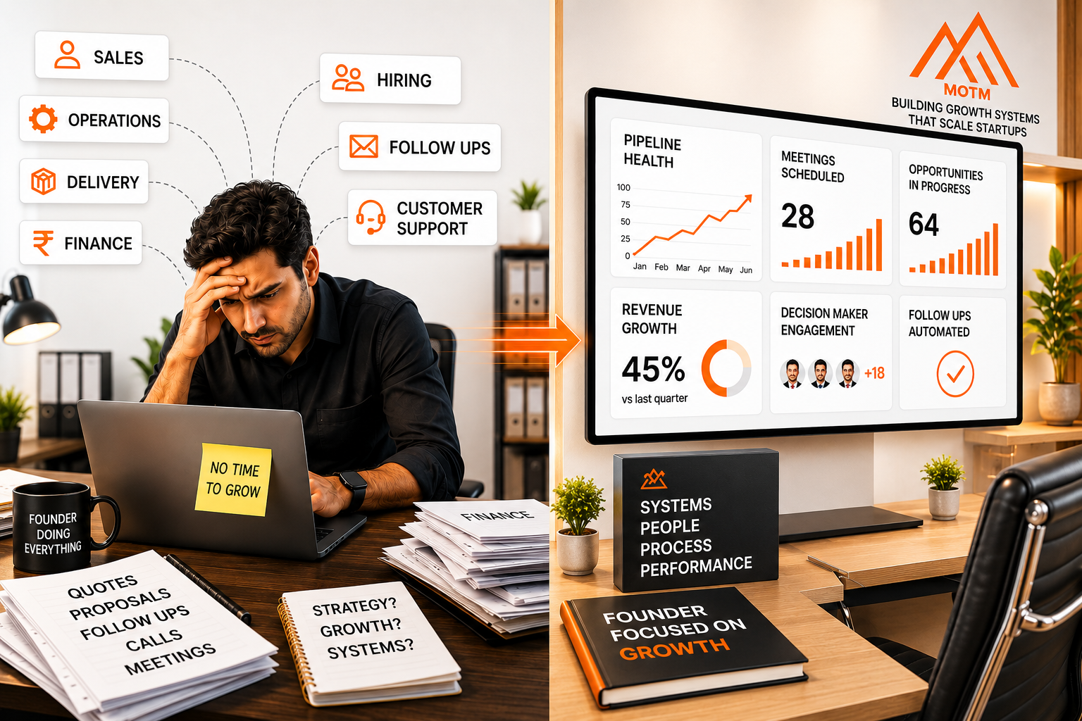 Stressed founder overwhelmed by tasks vs organized system dashboard focused on growth metrics.