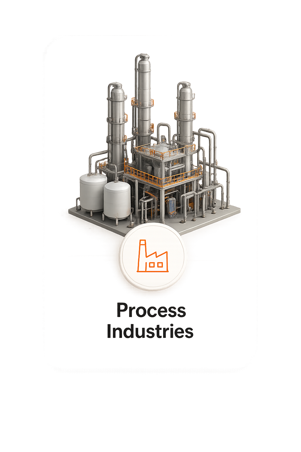 Detailed model of an industrial process plant with pipes and tanks above a process industries icon.