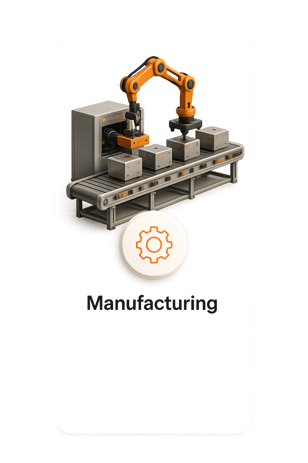 Robotic arm placing metal blocks on a conveyor belt labeled Manufacturing with gear icon below.