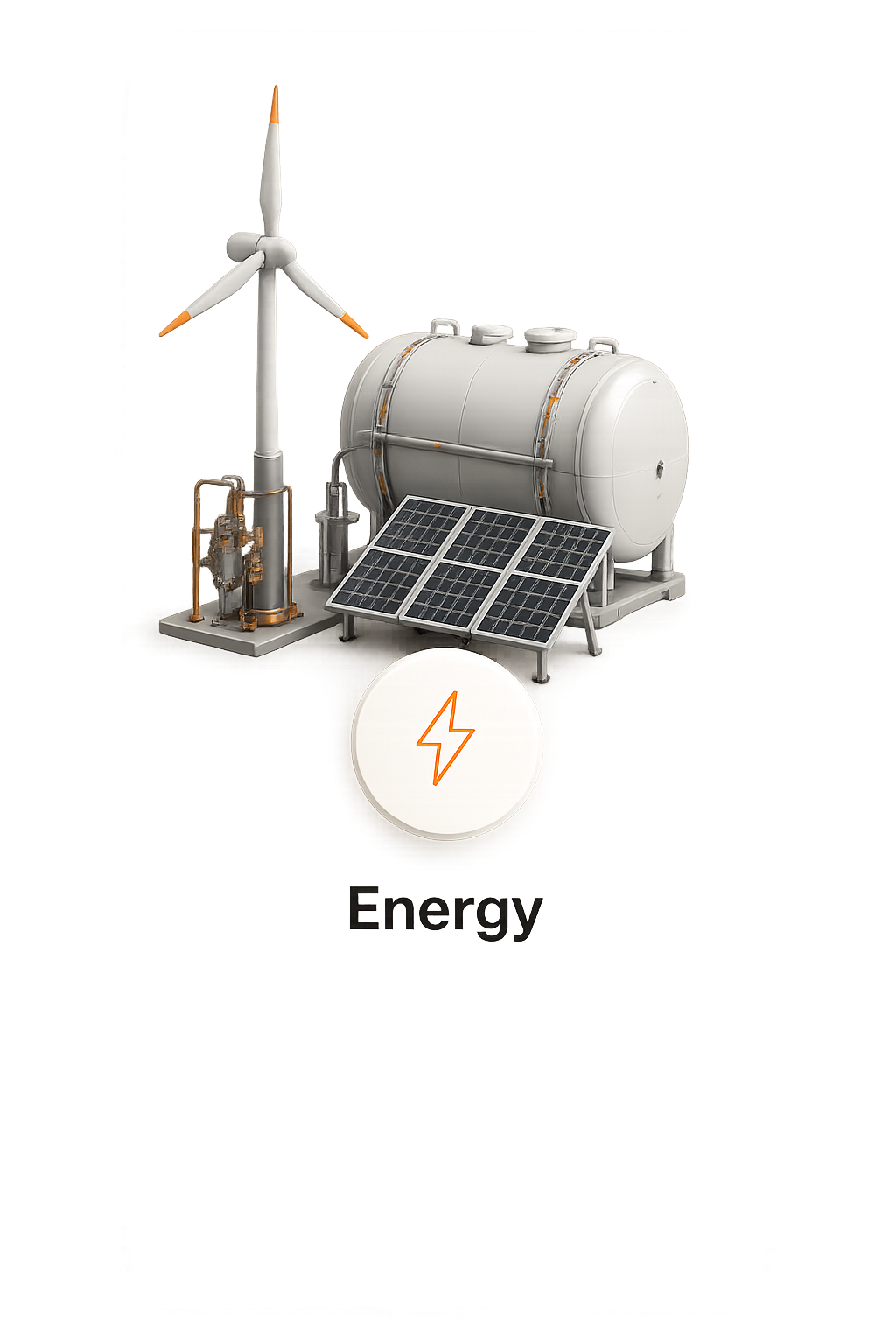 Wind turbine, solar panels, and tank representing renewable energy sources with energy icon below.