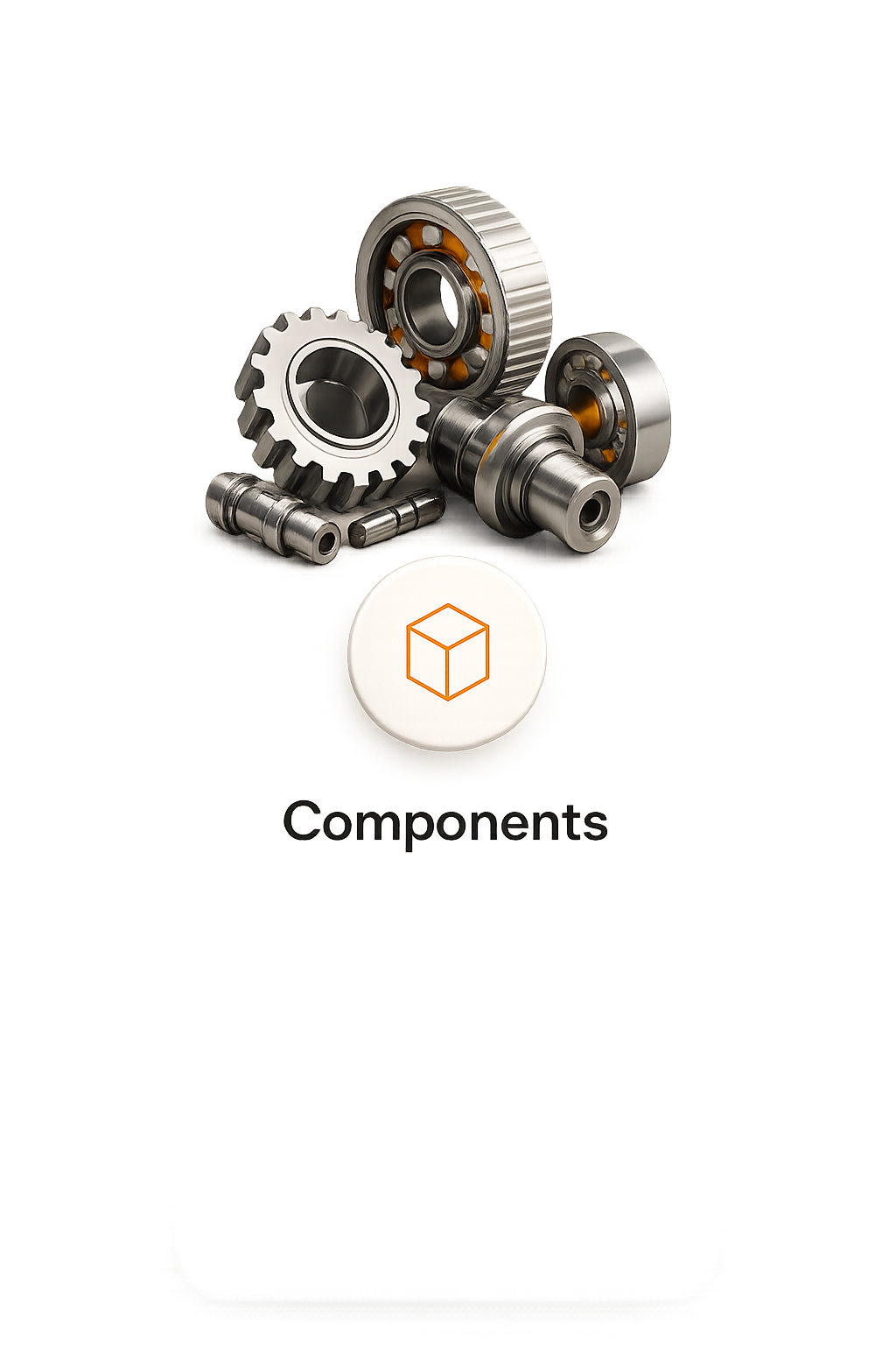Metal mechanical components including gears and bearings above a cube icon labeled Components.