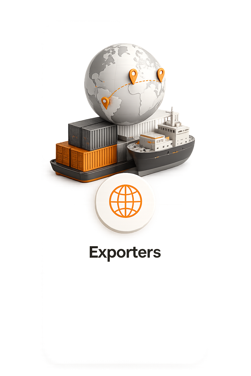 Cargo ship with containers beneath globe showing trade route with location pins and exporters label.