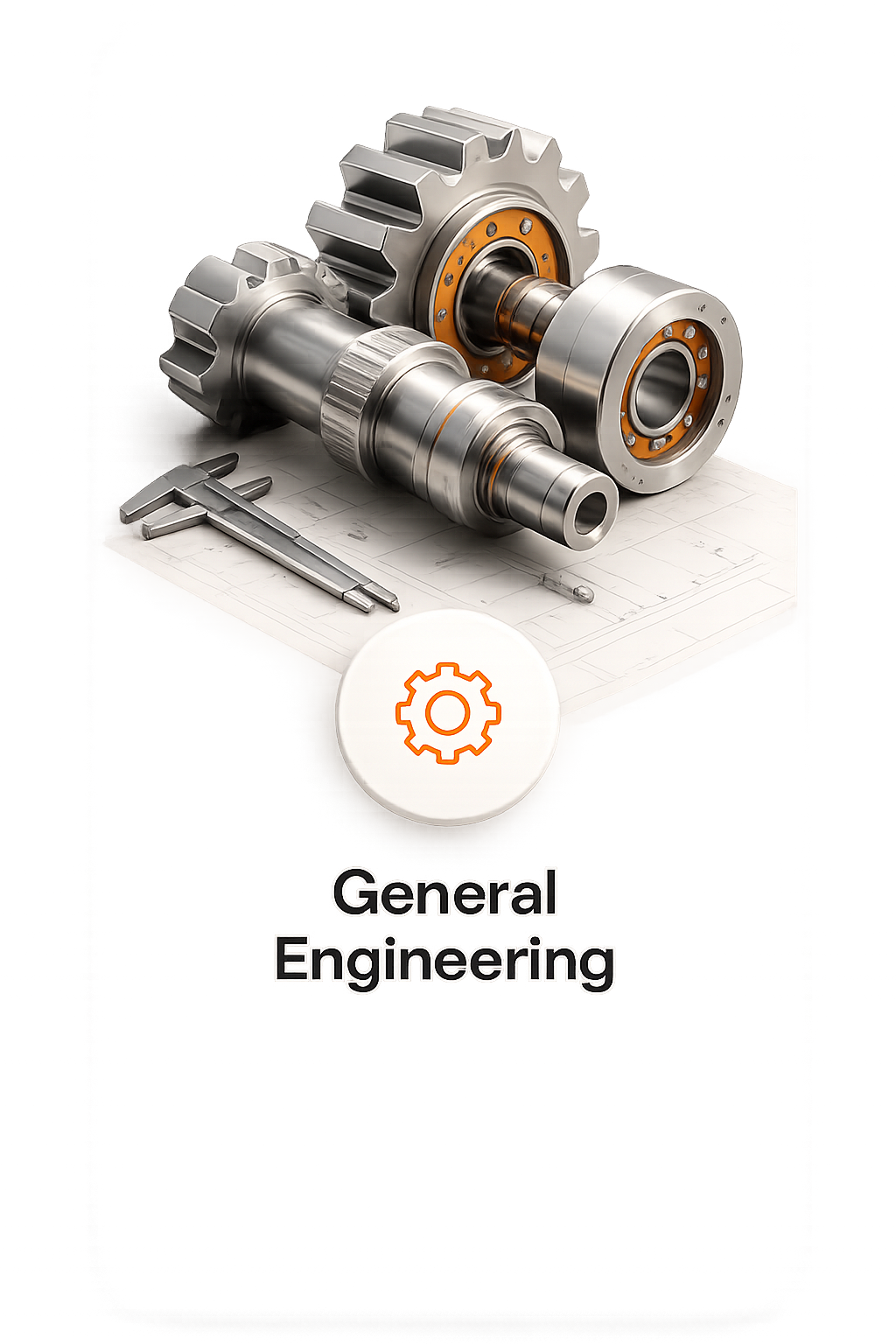 Metal gears and bearing resting on engineering blueprints with calipers nearby, labeled General Engineering.
