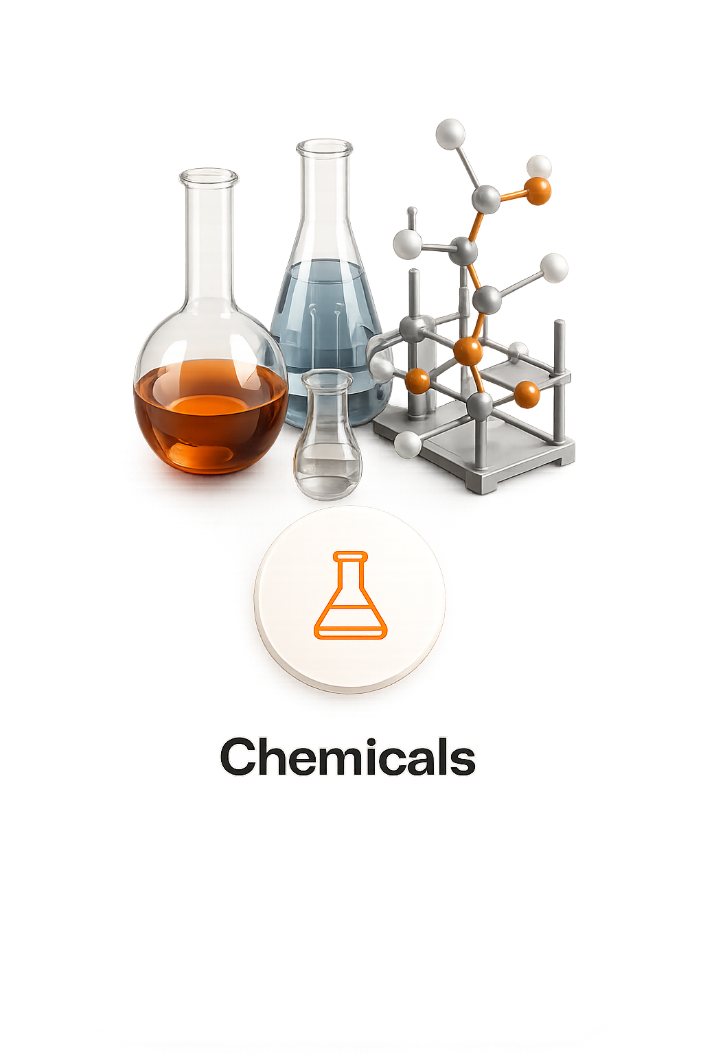 Three laboratory flasks with colored liquids and a molecular model on a beige background above 'Chemicals' text.