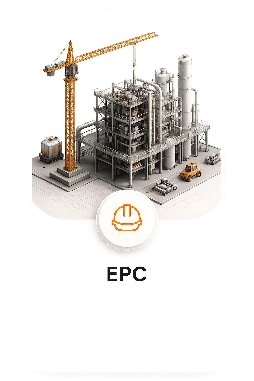 3D model of industrial facility with crane and equipment, orange hard hat icon and EPC text below.