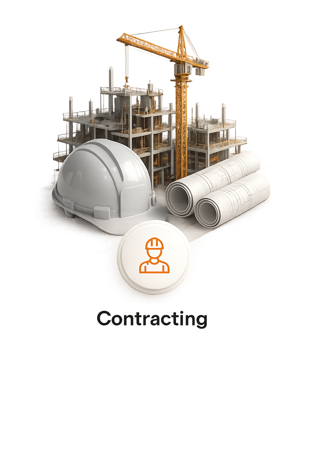 Construction site with a building under construction, crane, hard hat, and rolled architectural plans.