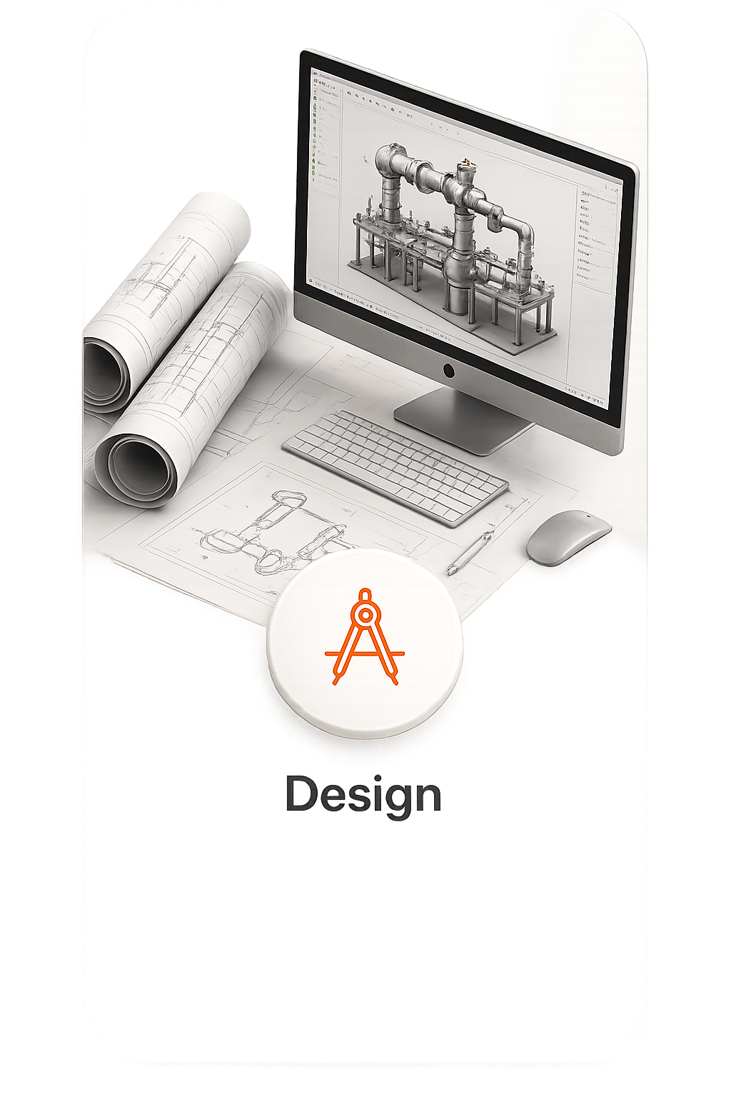 Computer showing 3D industrial pipe design with technical blueprints and drafting tools around it.
