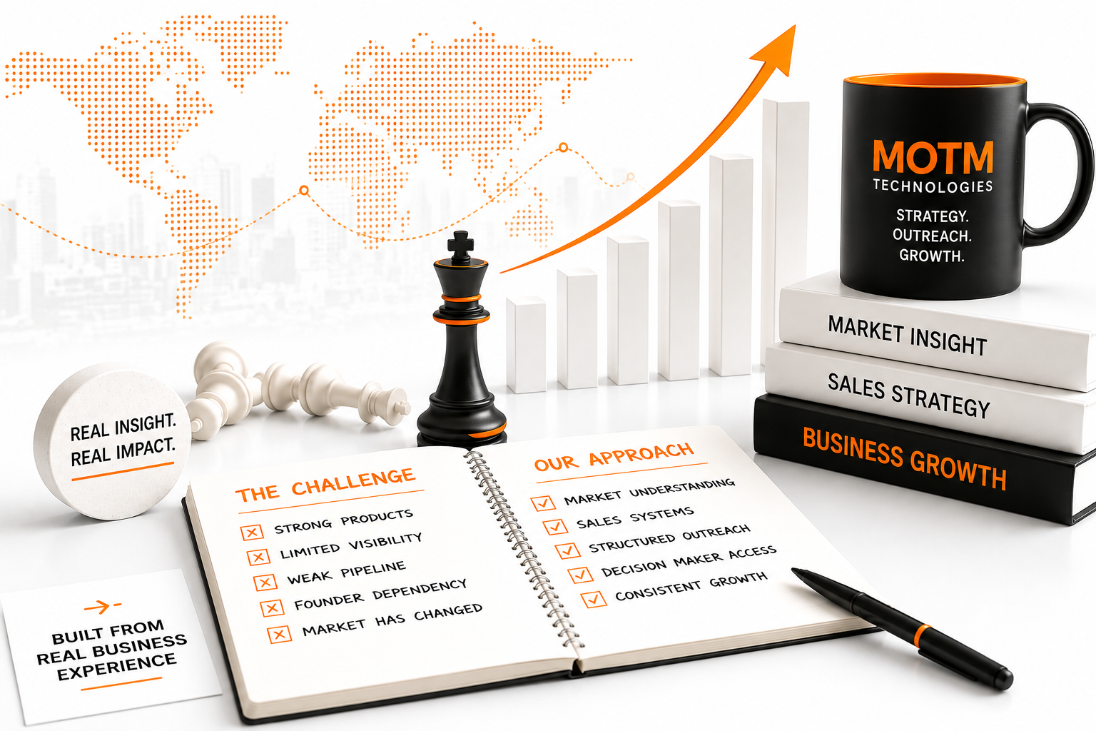 Open notebook showing business challenges and approaches, with chess pieces, books, a pen, and a MOTM mug.
