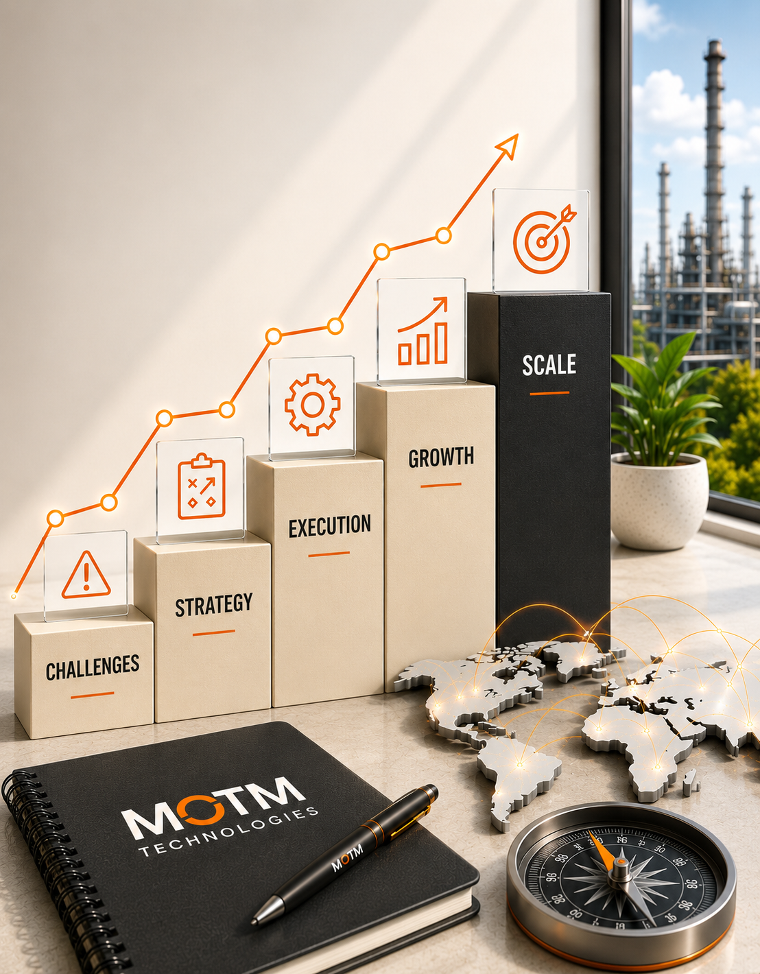 Business growth steps labeled challenges, strategy, execution, growth, scale with connected world map and compass.