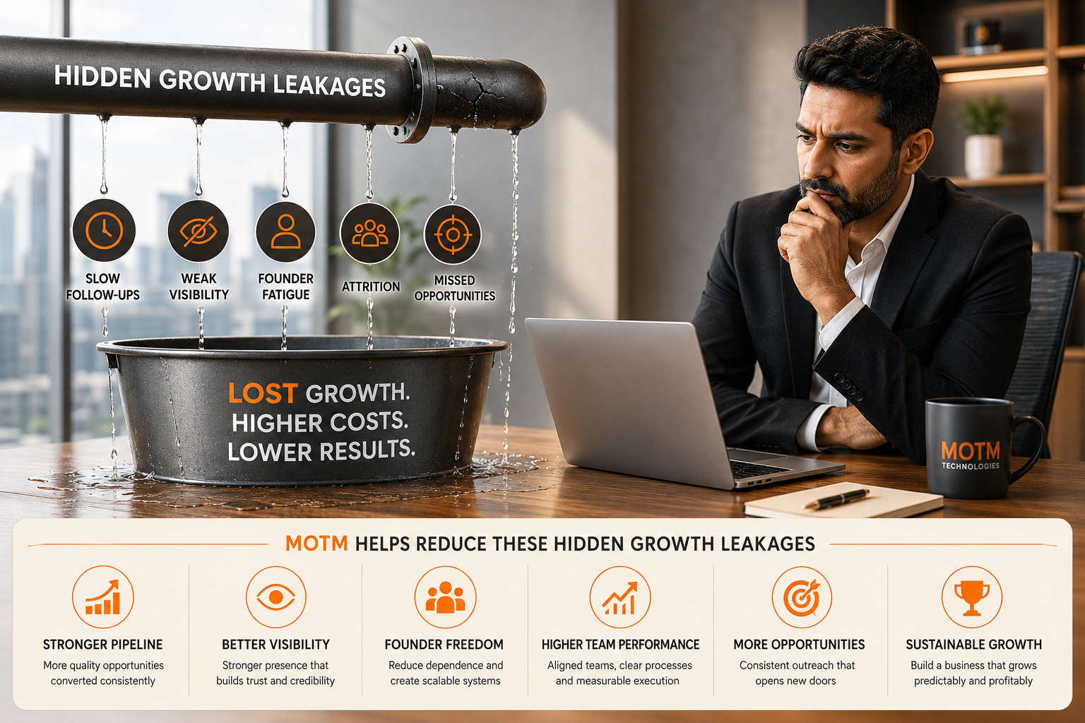 Pipe leaking growth with slow follow-ups, weak visibility, fatigue, attrition, missed chances causing lost growth.