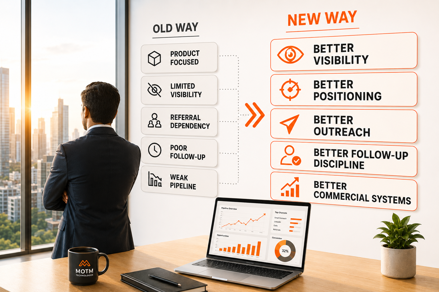 Man in suit looking out window at city with infographic comparing old and new business methods.