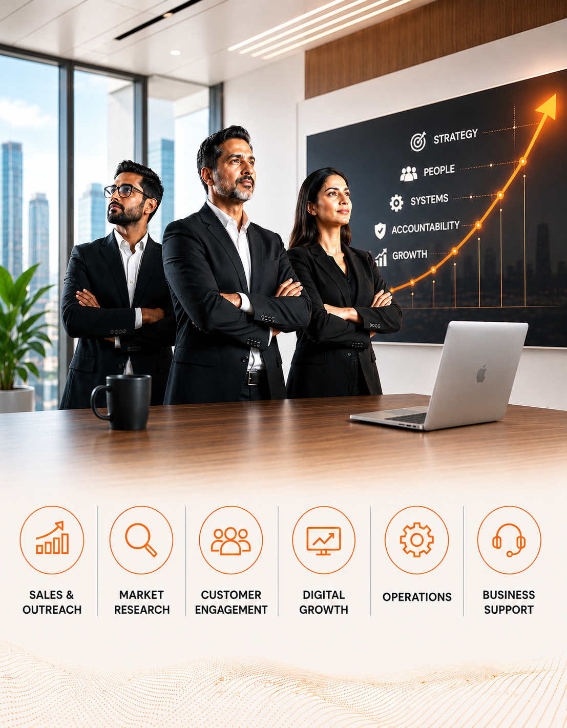 Three confident businesspeople stand with arms crossed beside a growth strategy chart in an office.