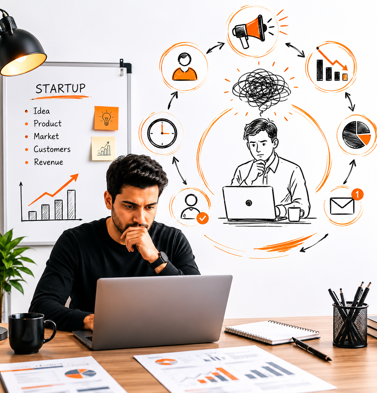Man focused on laptop with startup plan and business strategy sketches on wall around him.