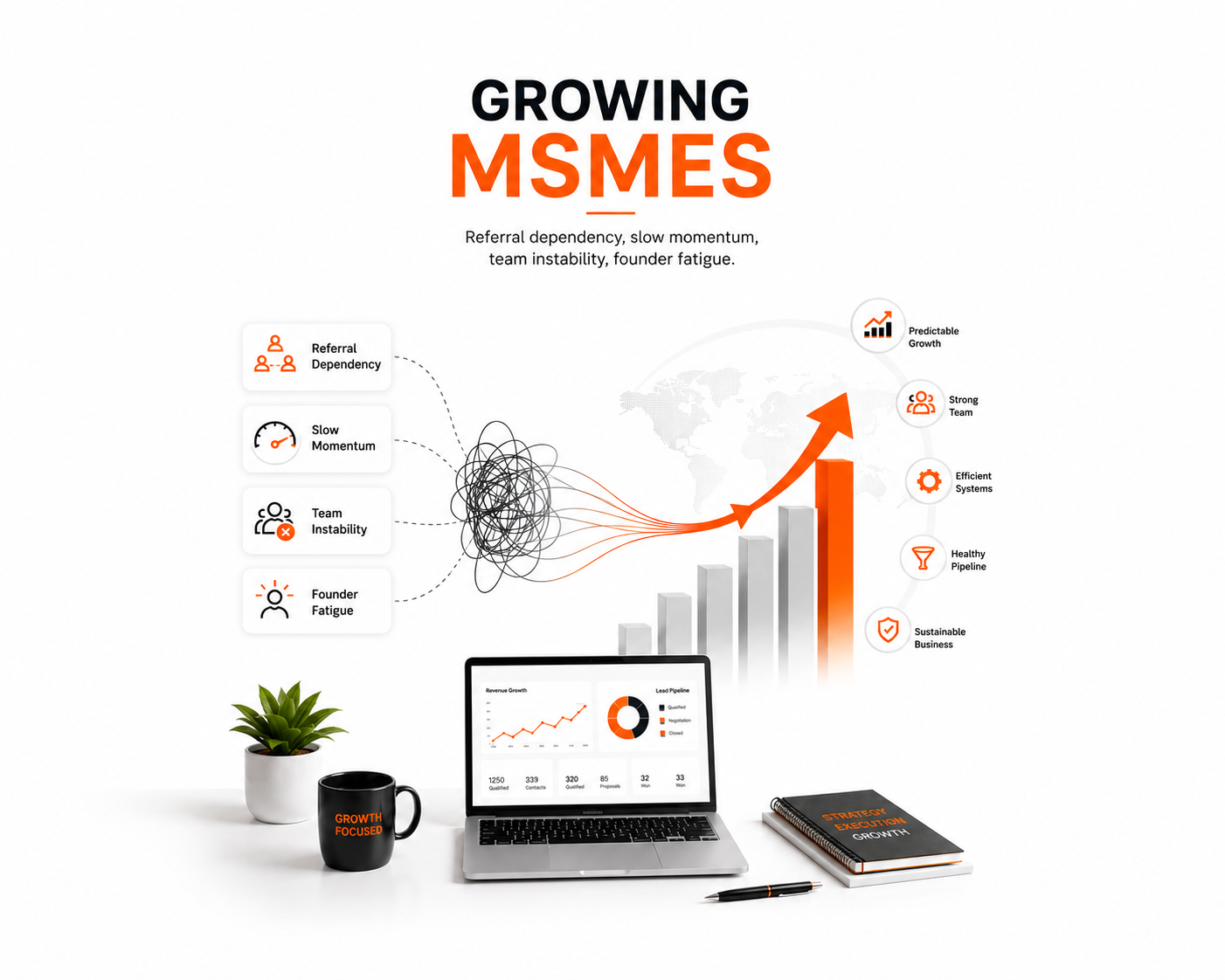 Diagram showing MSMEs growth hurdles and solutions with charts, icons, plant, mug, laptop, notebook, pen.