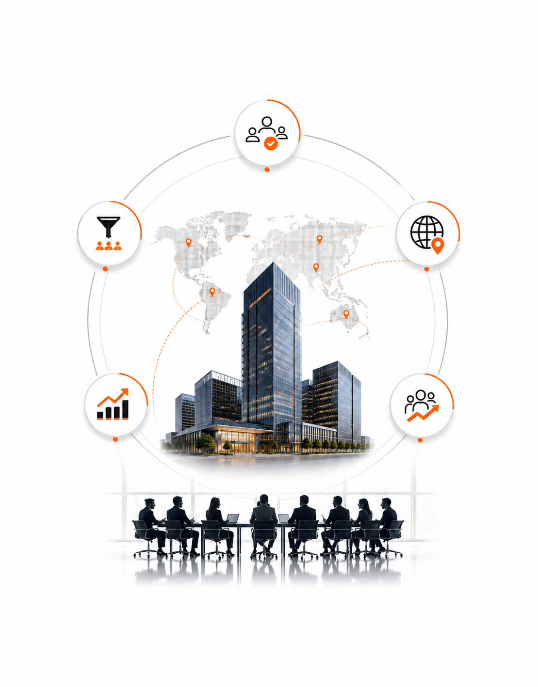 Business meeting of eight people with a futuristic office building and global business icons above.