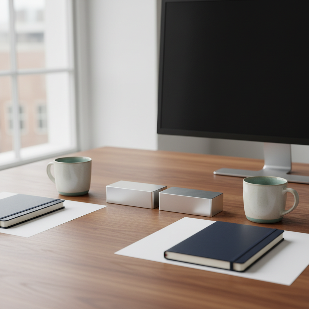 Manufacturing sales outsourcing partner comparison workspace with notebooks and aluminum blocks