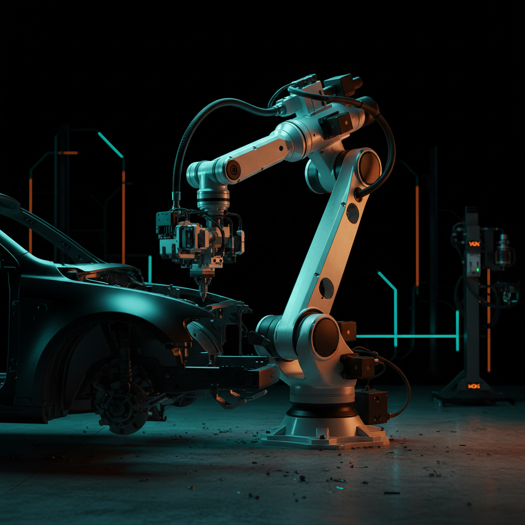 Robotic automotive assembly arm in premium industrial environment showcasing lead generation