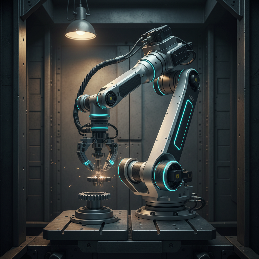 Industrial robotic arm assembling components in manufacturing environment