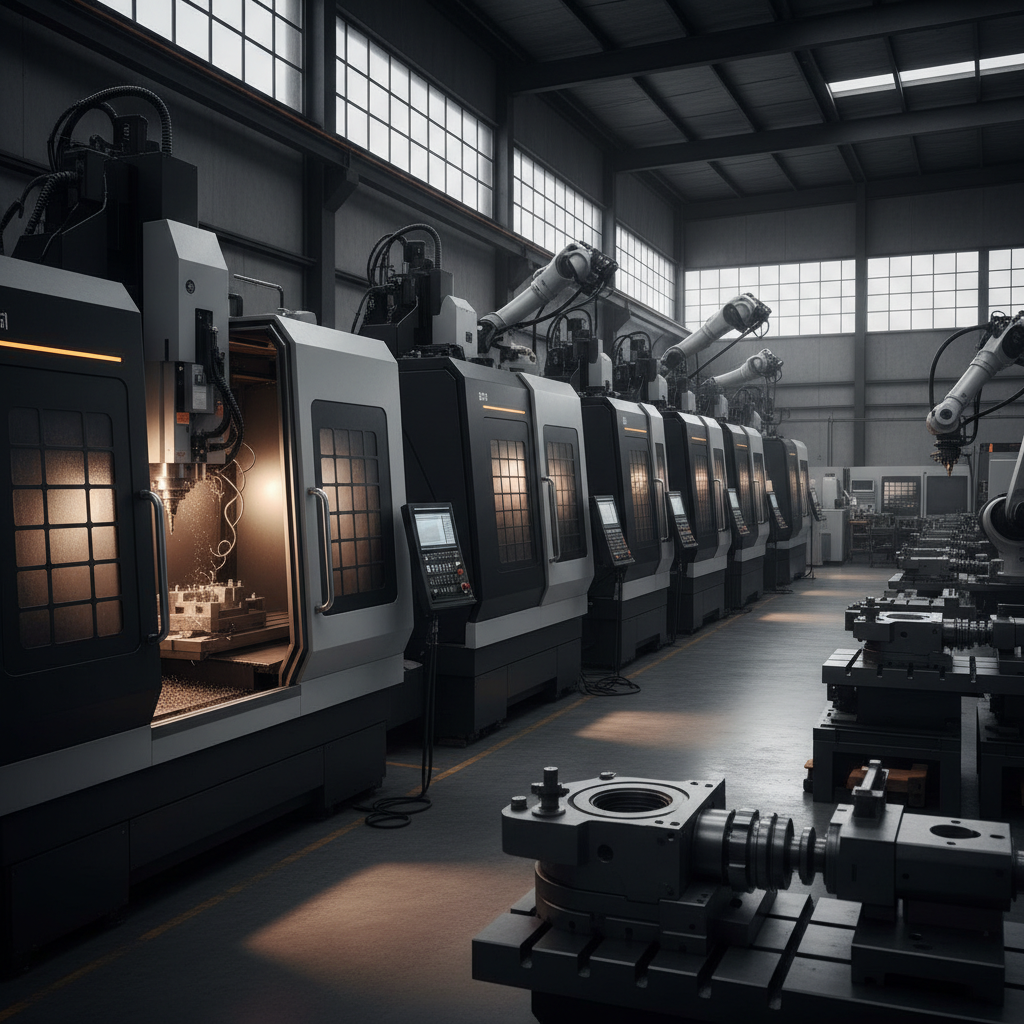 Manufacturing plant with CNC machines illustrating social media lead generation for manufacturing