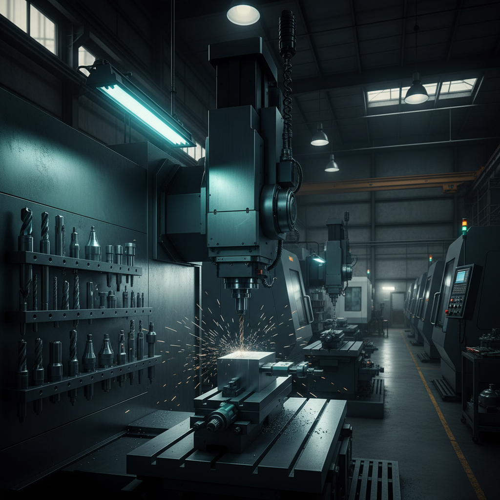 Precision manufacturing workstation with CNC tools in industrial environment