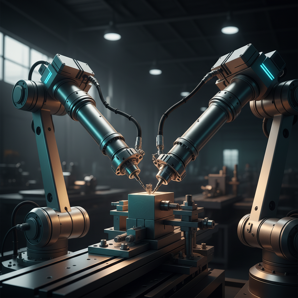 Close-up of precision manufacturing machinery with robotic parts in industrial environment