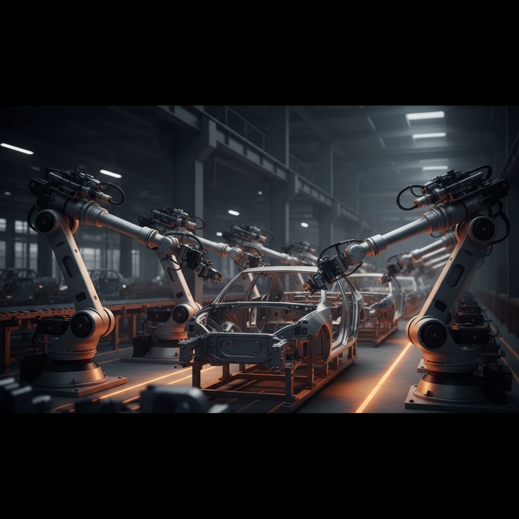 Robotic automotive assembly line showcasing social media lead generation for Automotive