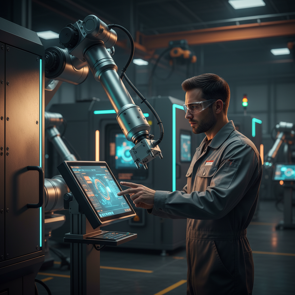 Industrial engineer managing robotic machinery with automation interface in advanced manufacturing environment