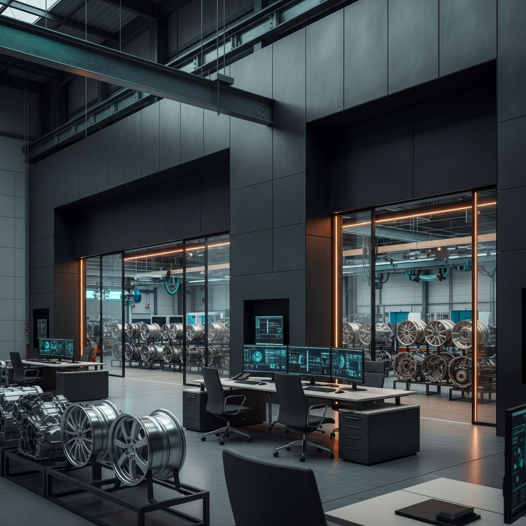 Industrial marketing for automotive showing robotic assembly line in automotive manufacturing