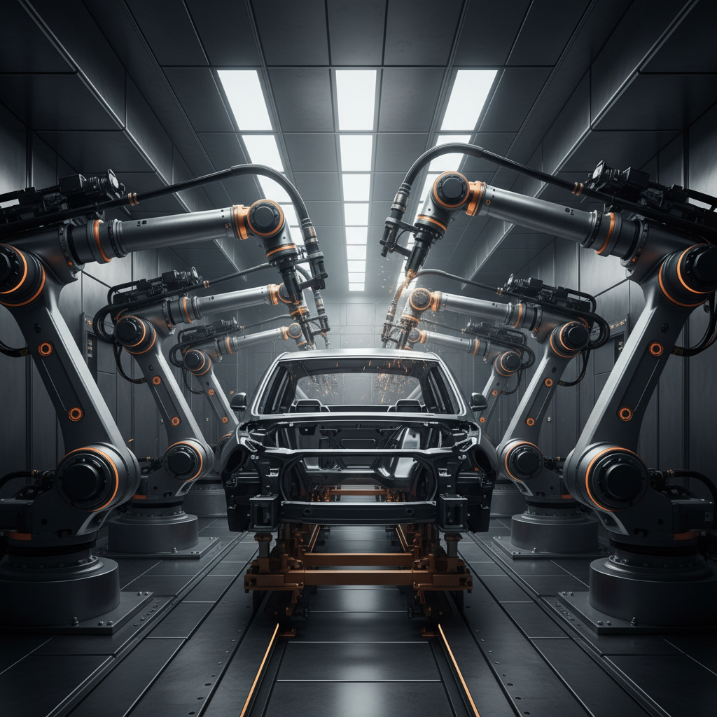 Robotic arm assembling automotive chassis in precise industrial engineering environment