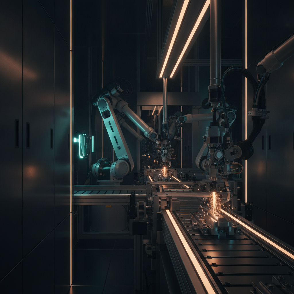 Vertical close-up of industrial robotic arms handling machined components in manufacturing