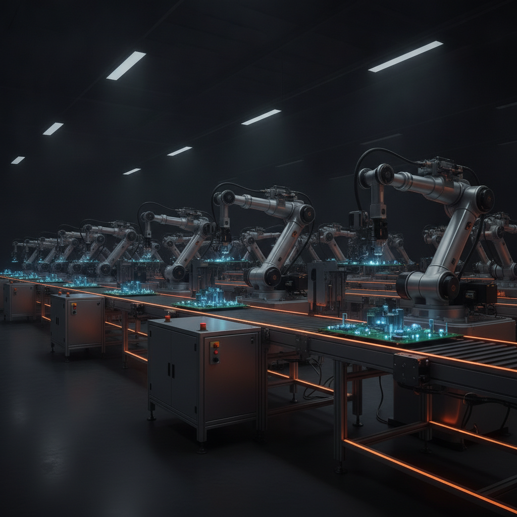 Automotive manufacturing plant with robotic assembly lines and vehicle parts