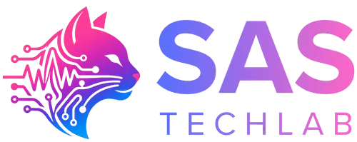 SAS TechLab logo featuring a stylized, gradient pink and blue cat head with digital circuit elements next to the text 'SAS TechLab'.