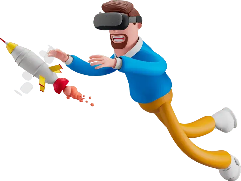 3D illustration of a man wearing a virtual reality headset reaching out towards a small rocket ship emitting smoke.