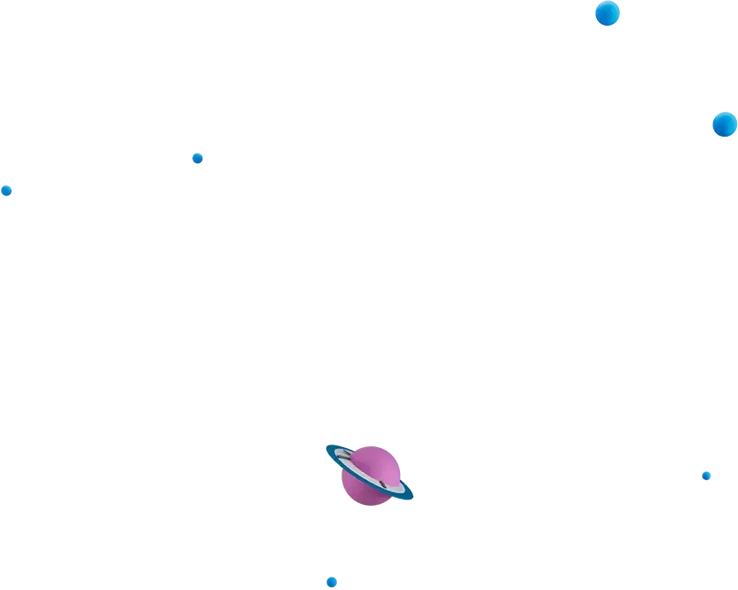 Illustration of a purple planet with blue rings surrounded by smaller blue planets against a black space background.