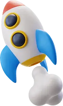 Cartoon-style rocket with blue fins and yellow-rimmed windows blasting off with white smoke.