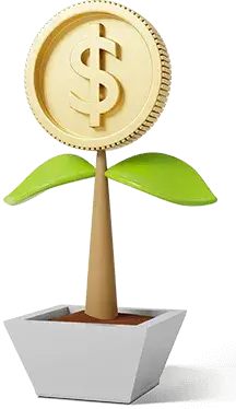 Gold coin with dollar sign growing like a plant from a pot with two green leaves.