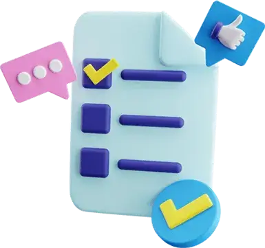 Illustration of a checklist on a document with two checkboxes and three horizontal lines, accompanied by a thumbs-up icon, chat bubble, and a large checkmark.