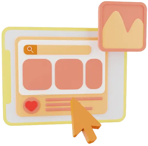 Illustration of a web page layout with search bar, three content blocks, a heart icon, a large orange cursor, and a graph icon in the top right corner.
