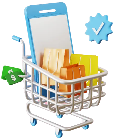 Shopping cart containing a large smartphone and colorful shopping bags, with a dollar sign price tag and a blue verification checkmark floating nearby.