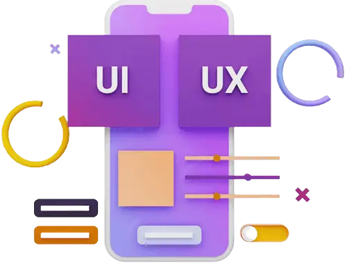 Illustration of a purple smartphone screen with UI and UX blocks and various graphic interface elements around it.