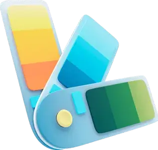 Abstract 3D shapes resembling overlapping rounded rectangles in gradient colors of yellow, orange, blue, and green.