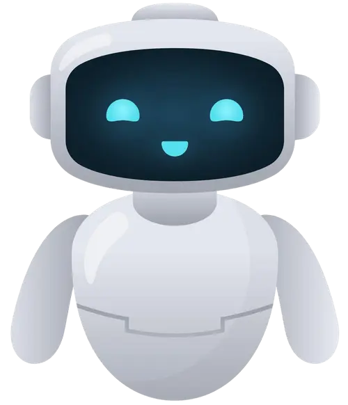 Friendly white robot with a black digital face displaying blue eyes and a smiling mouth.