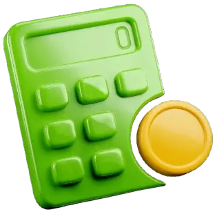 Green calculator icon with rounded buttons and a yellow coin partially inserted on the right side.