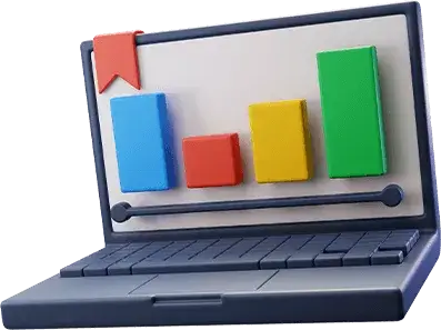 3D illustration of a laptop displaying a colorful bar chart with blue, red, yellow, and green bars and a red bookmark icon.