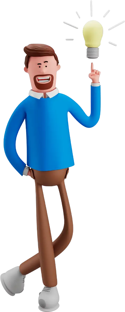 3D cartoon man in blue sweater and brown pants smiling with one hand on his hip and a glowing light bulb above his raised index finger.