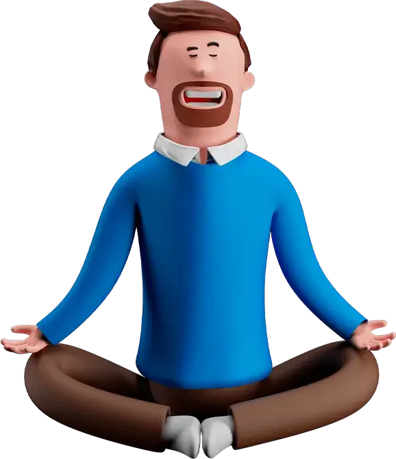 3D illustration of a man with brown hair and beard sitting cross-legged in meditation, wearing a blue sweater and brown pants.
