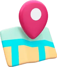 3D icon of a colorful folded map with a large pink location pin on top.