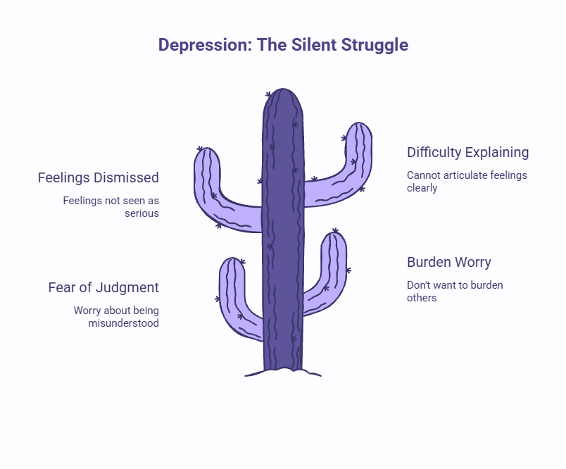 Illustration showing common reasons people keep depression to themselves, including fear of judgment, feeling dismissed, difficulty explaining emotions, and worrying about burdening others.