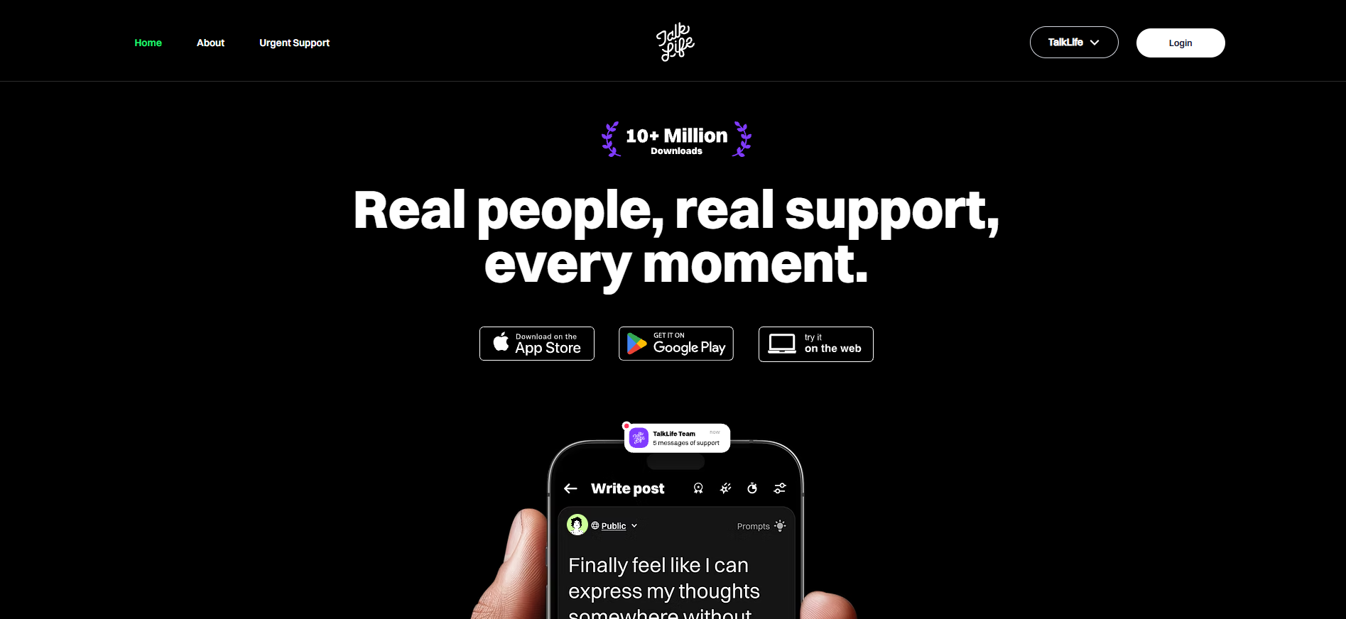 TalkLife mental health support app interface where users can connect with a caring community, share feelings, discuss emotional challenges, and receive peer support in a safe online environment.